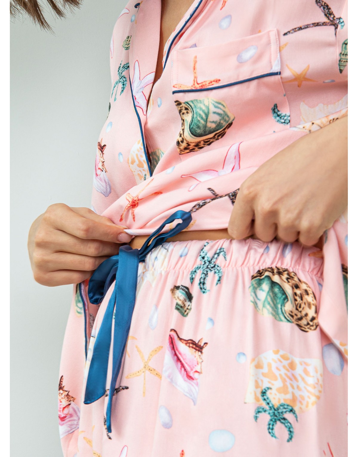 Вискозная розовая пижама с морским принтом